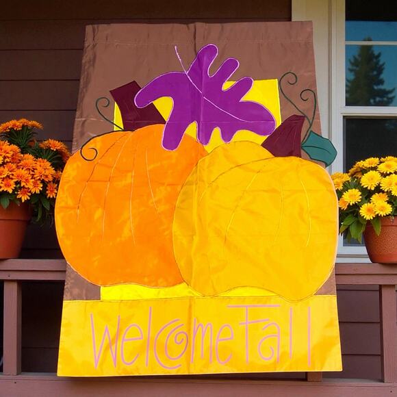 Welcome Fall Pumpkin House Flag Leaves Outdoor Yard Decor 40"H x 27"W Vintage - Picture 7 of 7